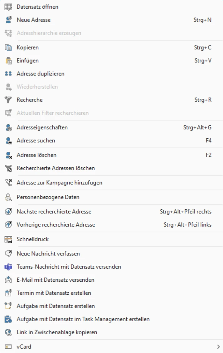Adresstabelle Kontextmenue