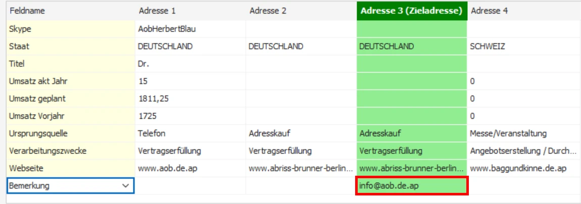 Adressen zusammenfuehren Auswahl Werte Ziel