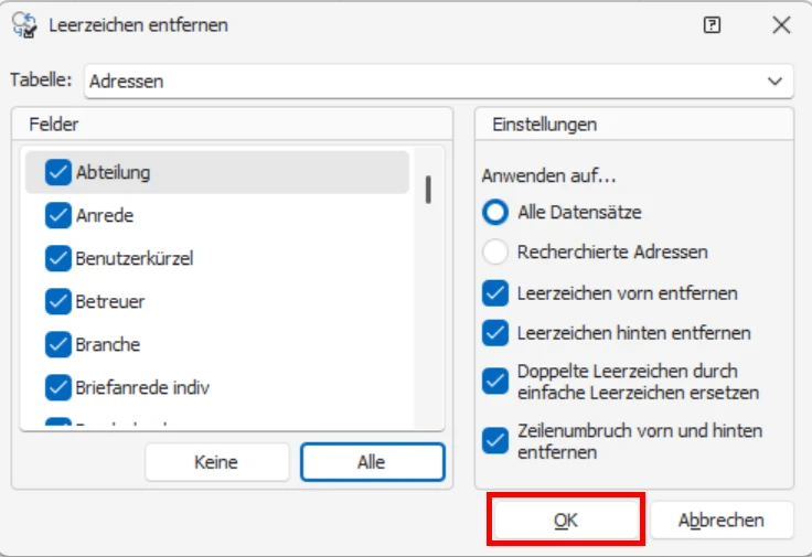 Adressen Leerzeichen entfernen