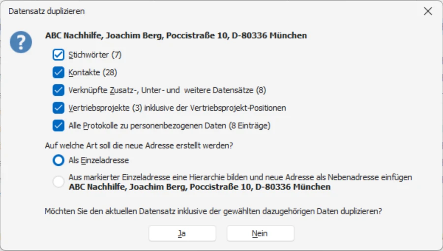 Adresse duplizieren Zusatzdaten