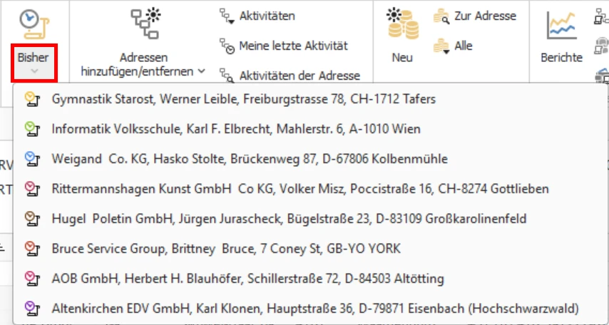 Adresse Bisher-Liste Menueband