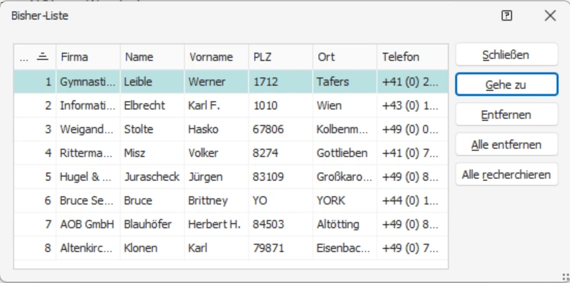 Adresse Bisher-Liste Dialog