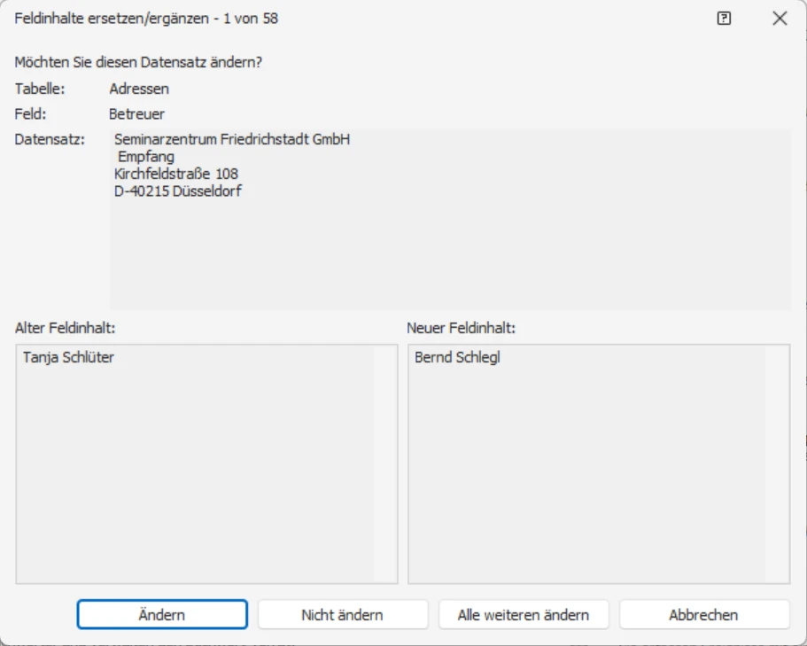 Feldinhalte ergaenzen ersetzen Dialog