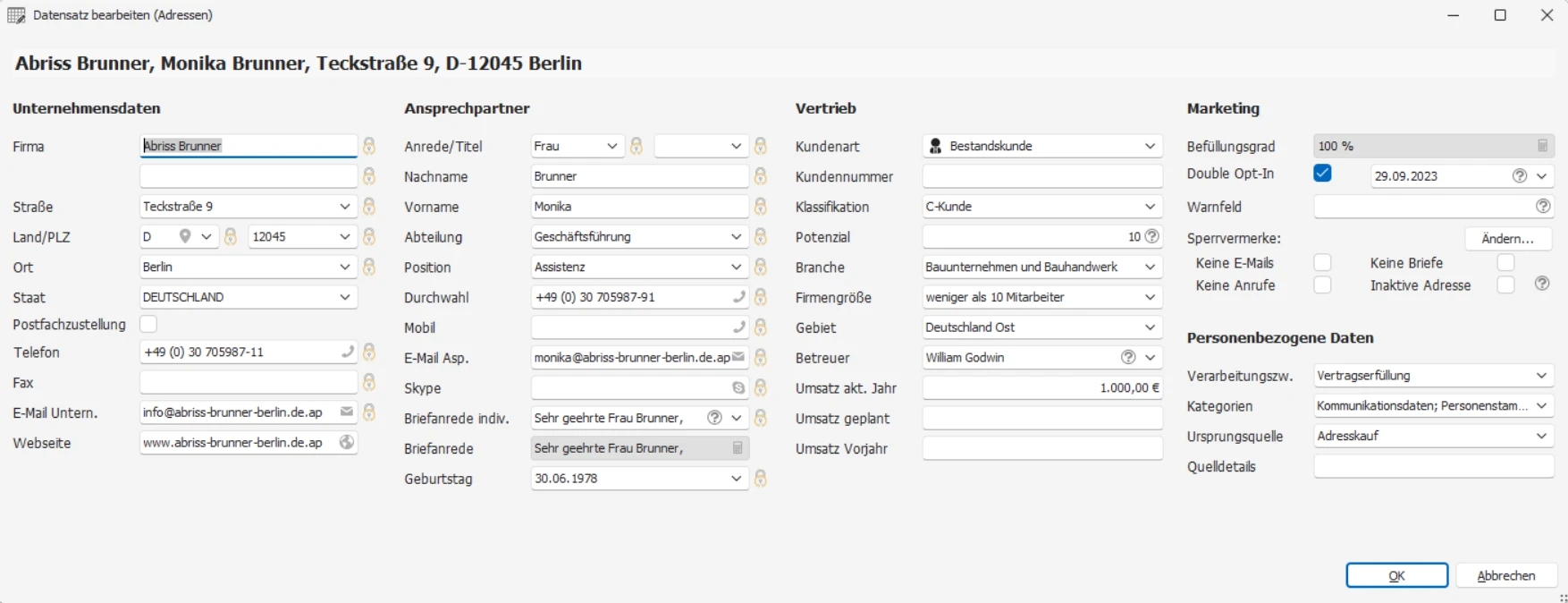 cobra CRM erster Start Schnellzugriffsleiste Adresse bearbeiten