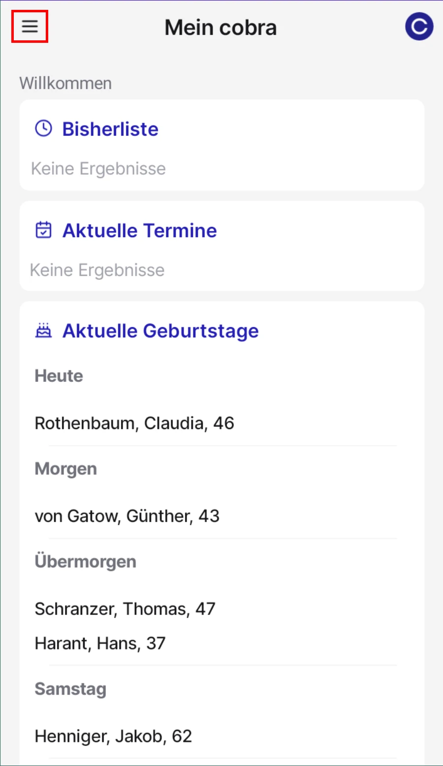 cobra CRM App Menue oeffnen