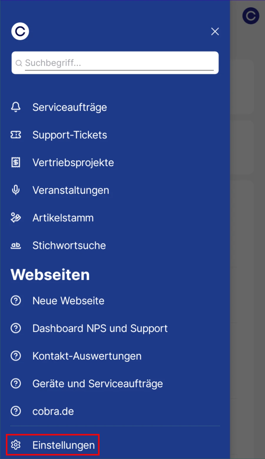 cobra CRM App Einstellungen oeffnen