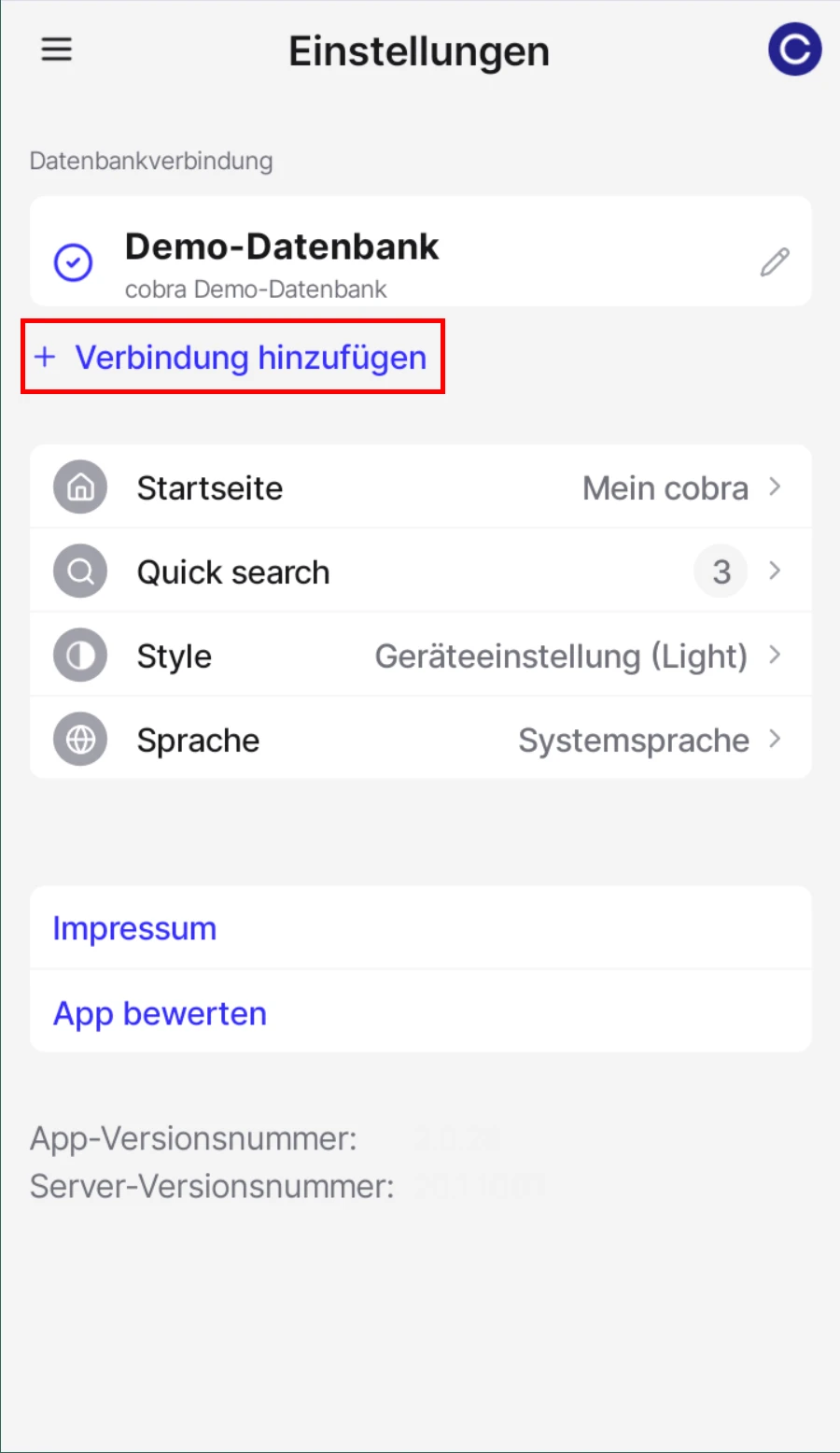 cobra CRM App Verbindung hinzufuegen