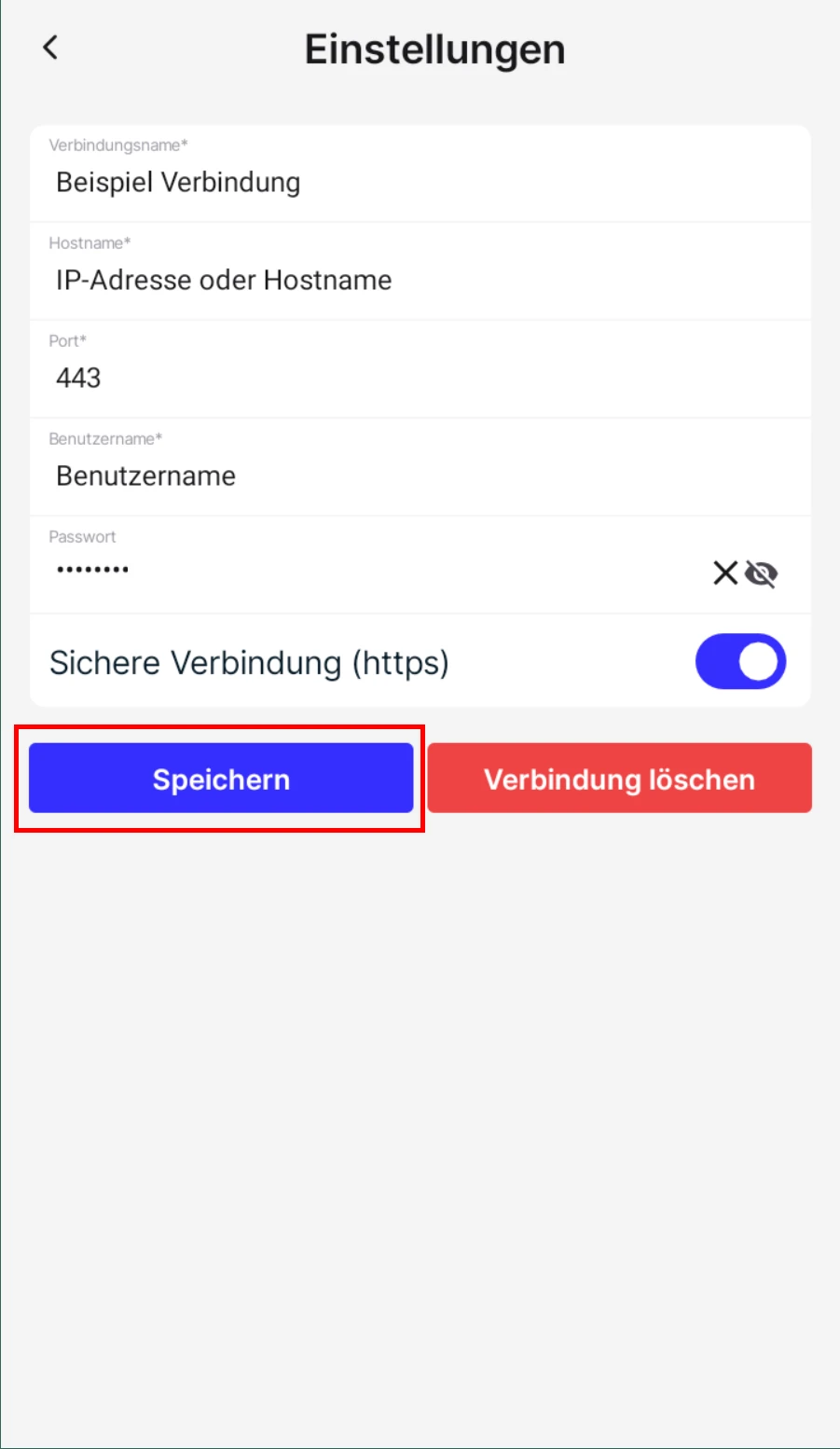 cobra CRM App Verbindungsdaten eingeben Beispiel