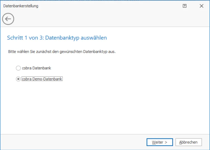 cobra Demo Datenbank anlegen