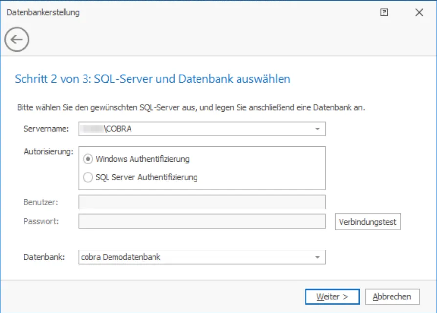 cobra Demo Datenbank anlegen Autorisierung