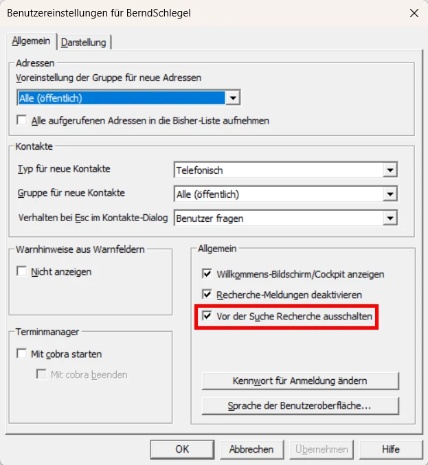 Suchen Recherche Benutzereinstellungen